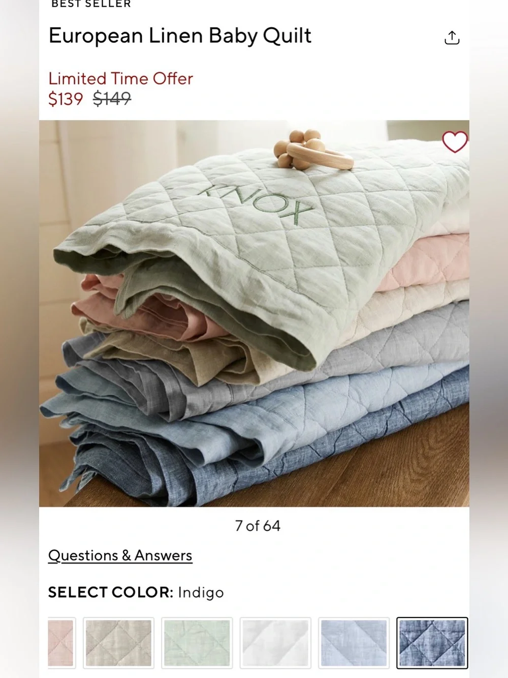 Pottery Barn Kids European linen quilt and fitted crib sheet set